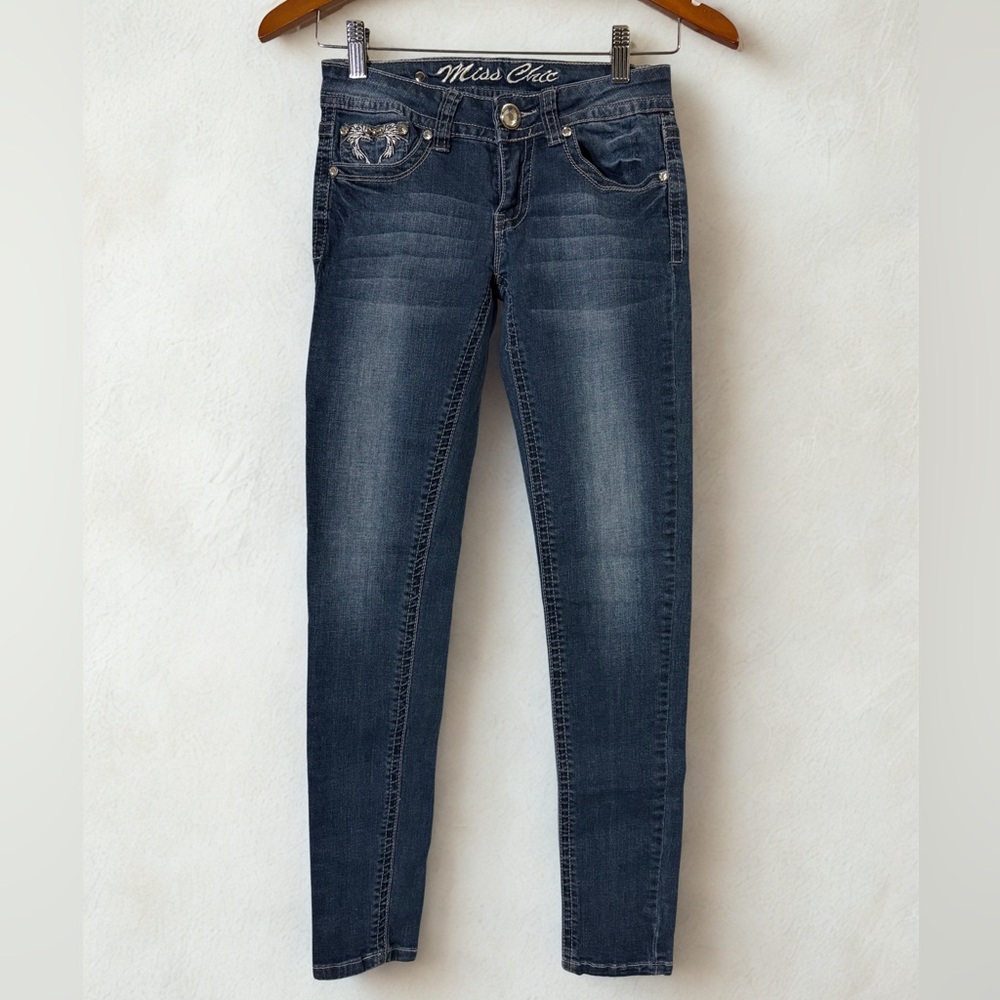 Miss Chic Embroidered & Rhinestone Skinny Distressed Blue Jeans